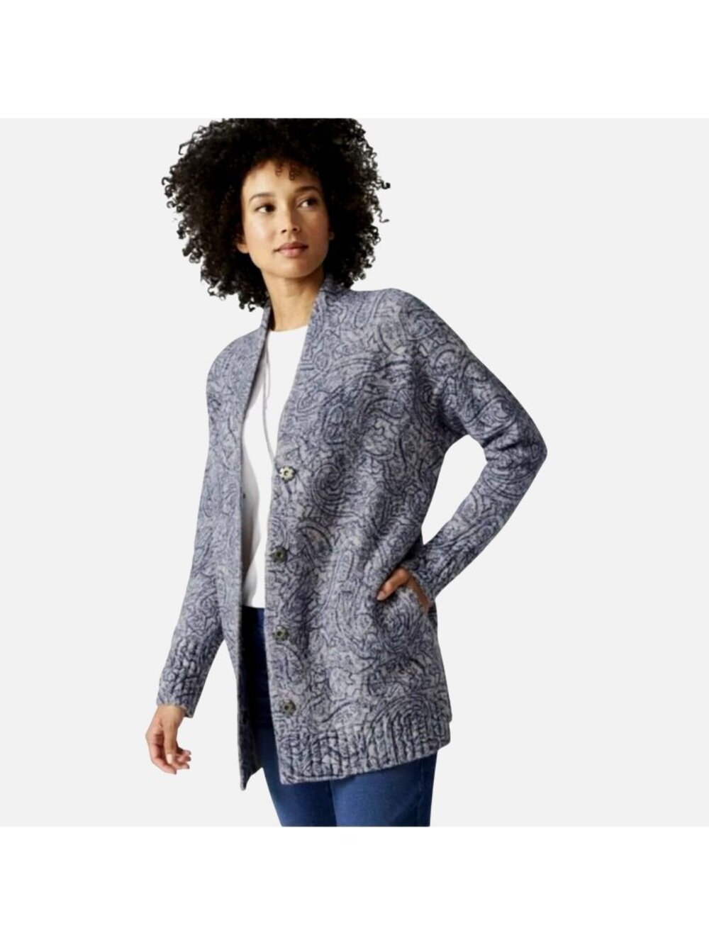 Pure Jill J.Jill Pointelle Knit Longline Cardigan Coat L Coatigan Sweater Preppy